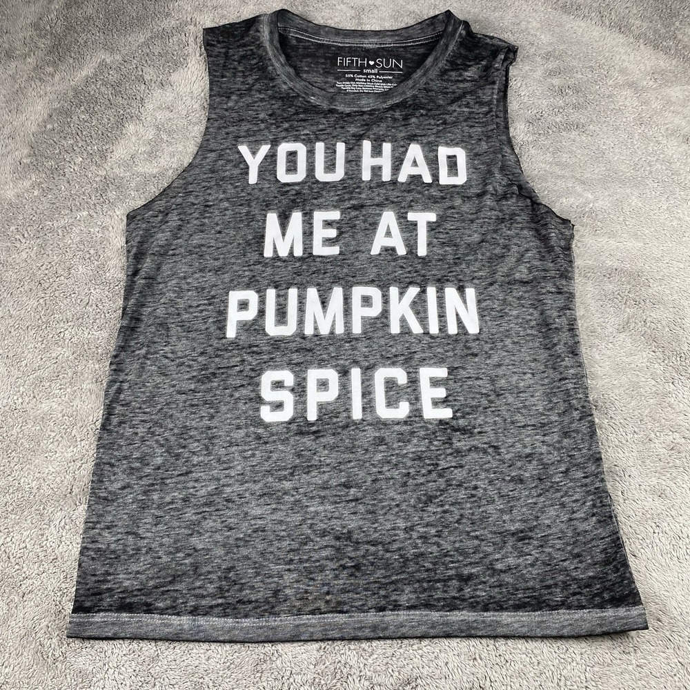 Fifth Sun Heather You had Me at Pumpkin Spice Muscle Tank Womens‎ Small Gray